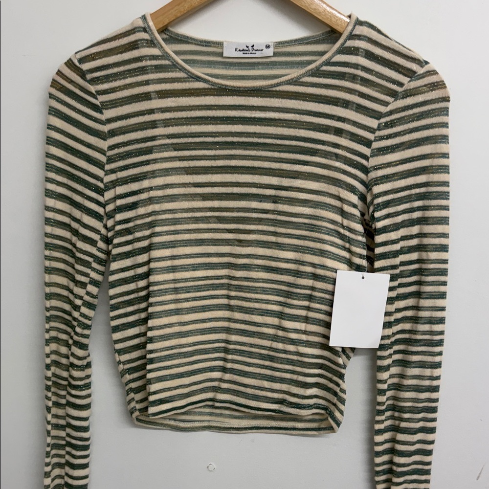 Striped Long Sleeve Crop Top in Green and Cream